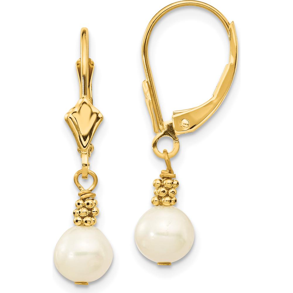 14K Yellow Gold Freshwater Cultured Pearl Dangle Leverback Earrings - 5-6mm Pearls by Monteluci Fine Jewelry