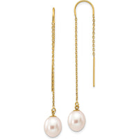 14K Yellow Gold Freshwater Cultured Pearl Dangle Threader Earrings - 7-8mm Pearls by Monteluci Fine Jewelry