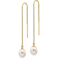 14K Yellow Gold Freshwater Cultured Pearl Dangle Threader Earrings - 7-8mm Pearls by Monteluci Fine Jewelry