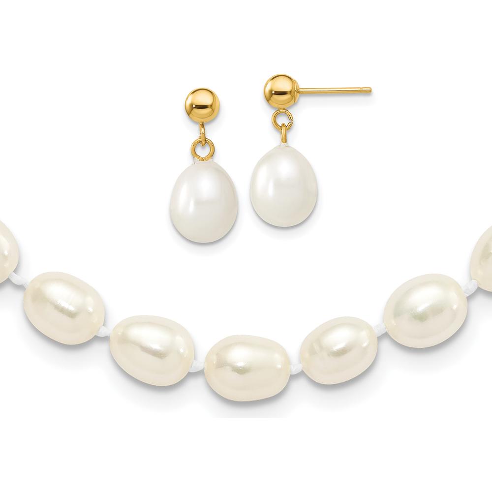 14K Yellow Gold Freshwater Cultured Pearl Necklace and Drop Earrings Set - 7-8mm Pearls by Monteluci Fine Jewelry