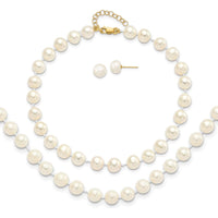 14K Yellow Gold Freshwater Cultured Pearl Necklace, Bracelet, and Button Earrings Set - 6-7mm Pearls by Oro Pregiato