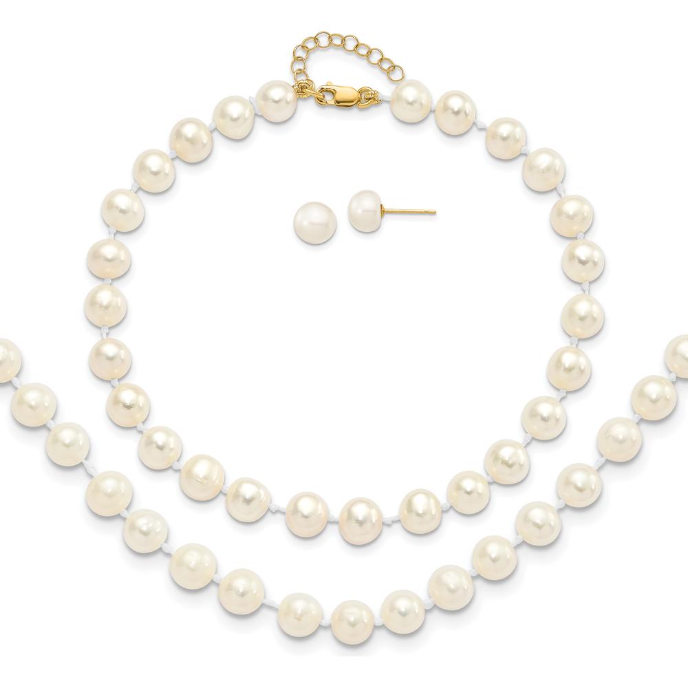 14K Yellow Gold Freshwater Cultured Pearl Necklace, Bracelet, and Button Earrings Set - 6-7mm Pearls by Oro Pregiato