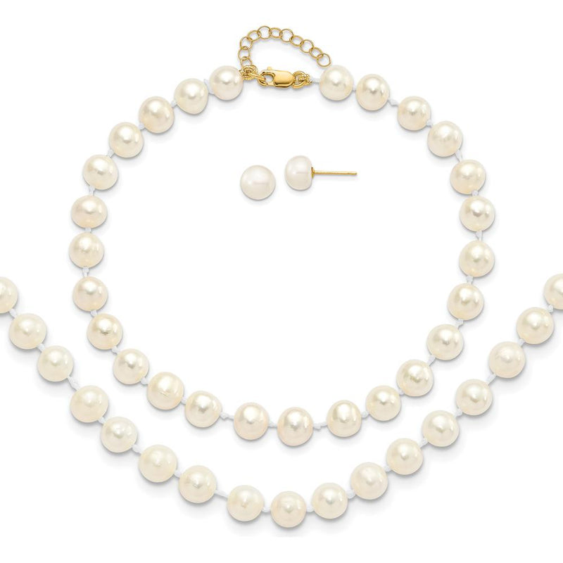 14K Yellow Gold Freshwater Cultured Pearl Necklace, Bracelet, and Button Earrings Set - 6-7mm Pearls by Oro Pregiato