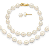 14K Yellow Gold Freshwater Cultured Pearl Necklace, Bracelet, and Post Earrings Set - 5-6mm Pearls by Oro Pregiato