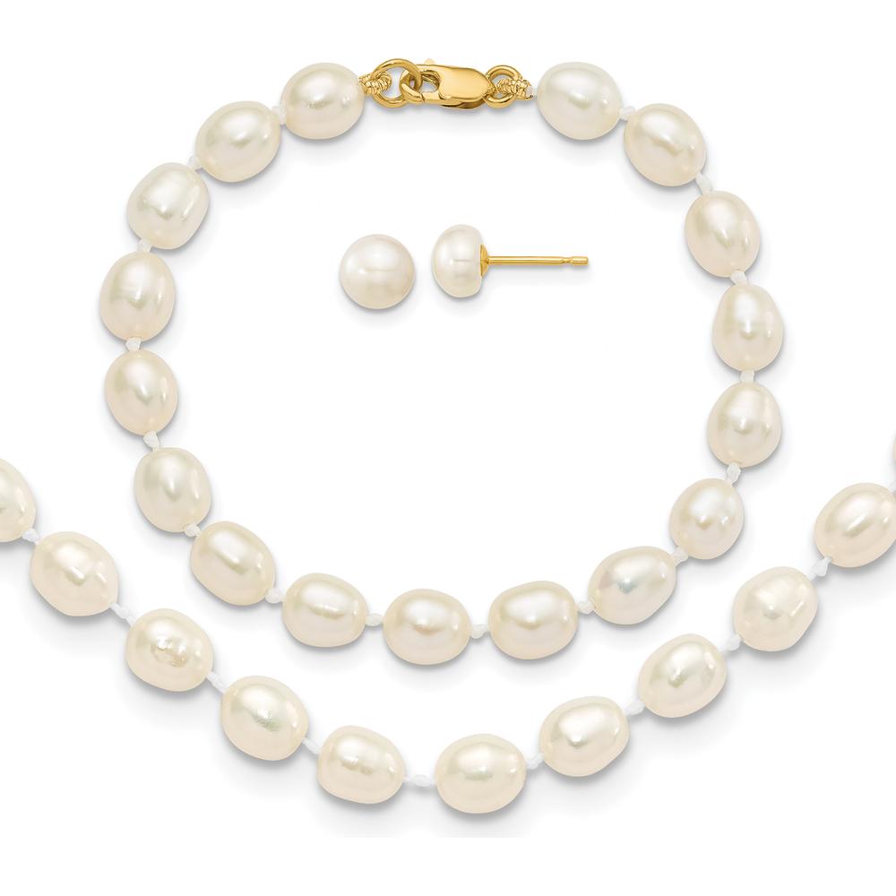 14K Yellow Gold Freshwater Cultured Pearl Necklace, Bracelet, and Post Earrings Set - 5-6mm Pearls by Oro Pregiato