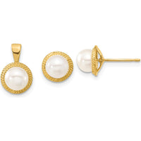 14K Yellow Gold Freshwater Cultured Pearl Post Earrings and Pendant Set - 5-6mm Button Pearls by Monteluci Fine Jewelry