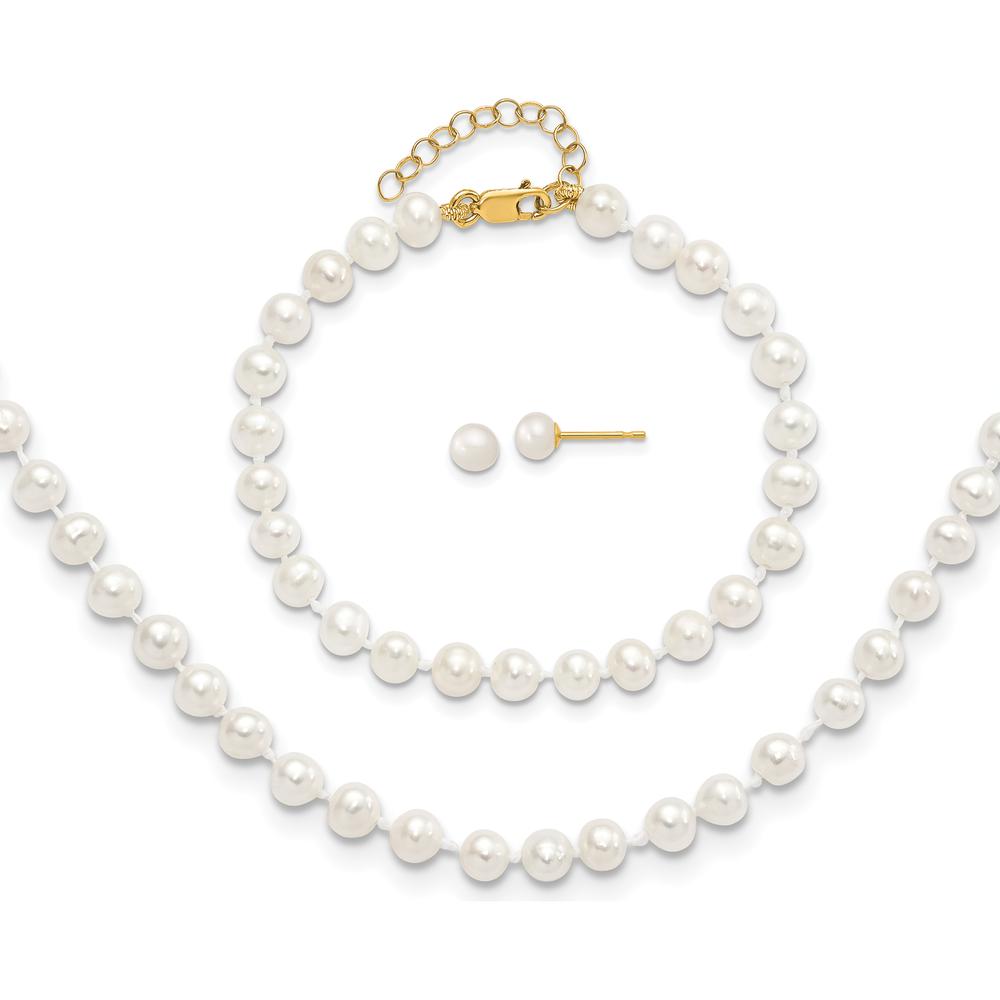 14K Yellow Gold Freshwater Cultured Pearl Set - 4-5mm Pearls, Necklace 14", Bracelet 5" with 1" Extension, Post Earrings by Oro Pregiato