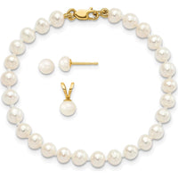 14K Yellow Gold Freshwater Cultured Pearl Set with 5" Bracelet, Pendant Necklace, and Post Earrings by Oro Pregiato