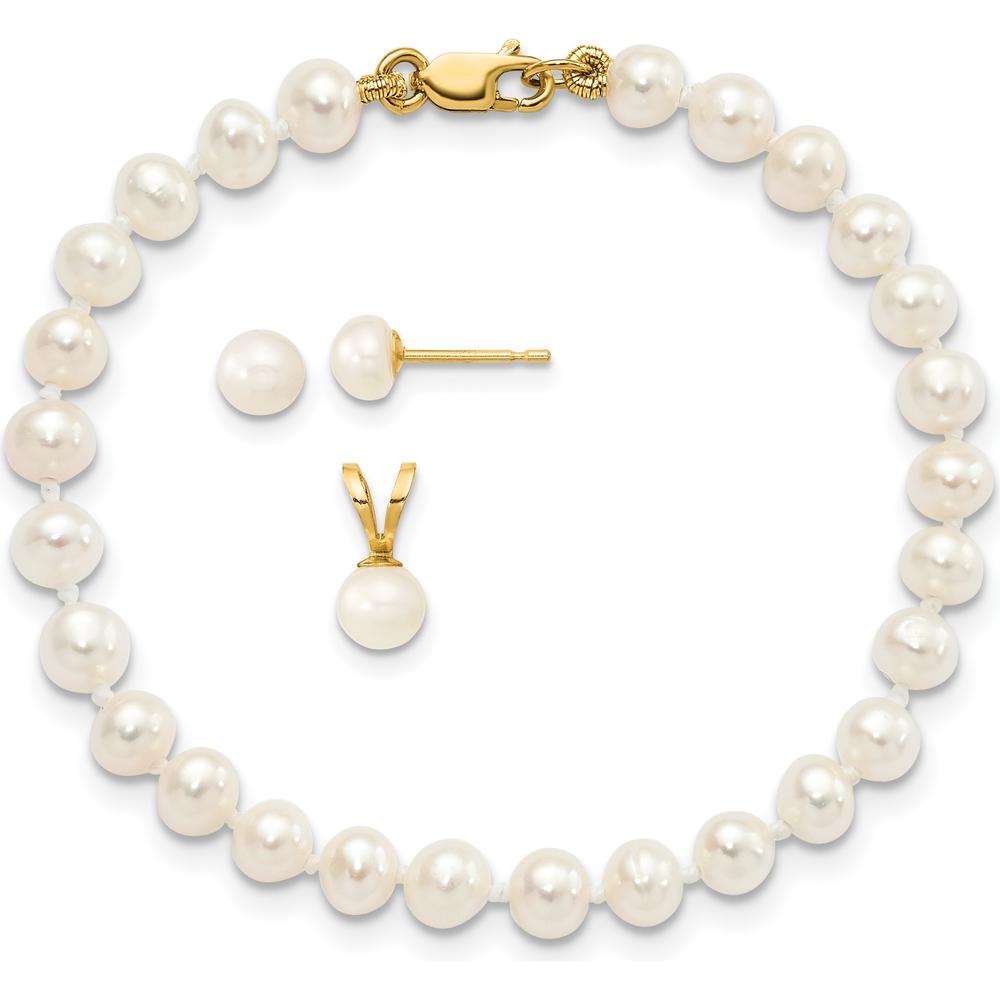 14K Yellow Gold Freshwater Cultured Pearl Set with 5" Bracelet, Pendant Necklace, and Post Earrings by Oro Pregiato
