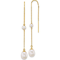 14K Yellow Gold Freshwater Cultured Pearl Threader Earrings with Teardrop and Near-Round Pearls - 1.5 Carat Total Gem Weight by Monteluci Fine Jewelry