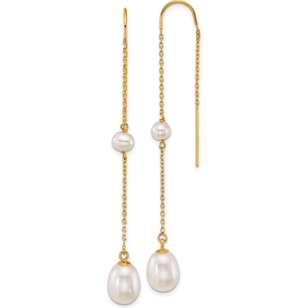 14K Yellow Gold Freshwater Cultured Pearl Threader Earrings with Teardrop and Near-Round Pearls - 1.5 Carat Total Gem Weight by Monteluci Fine Jewelry