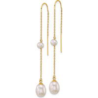 14K Yellow Gold Freshwater Cultured Pearl Threader Earrings with Teardrop and Near-Round Pearls - 1.5 Carat Total Gem Weight by Monteluci Fine Jewelry