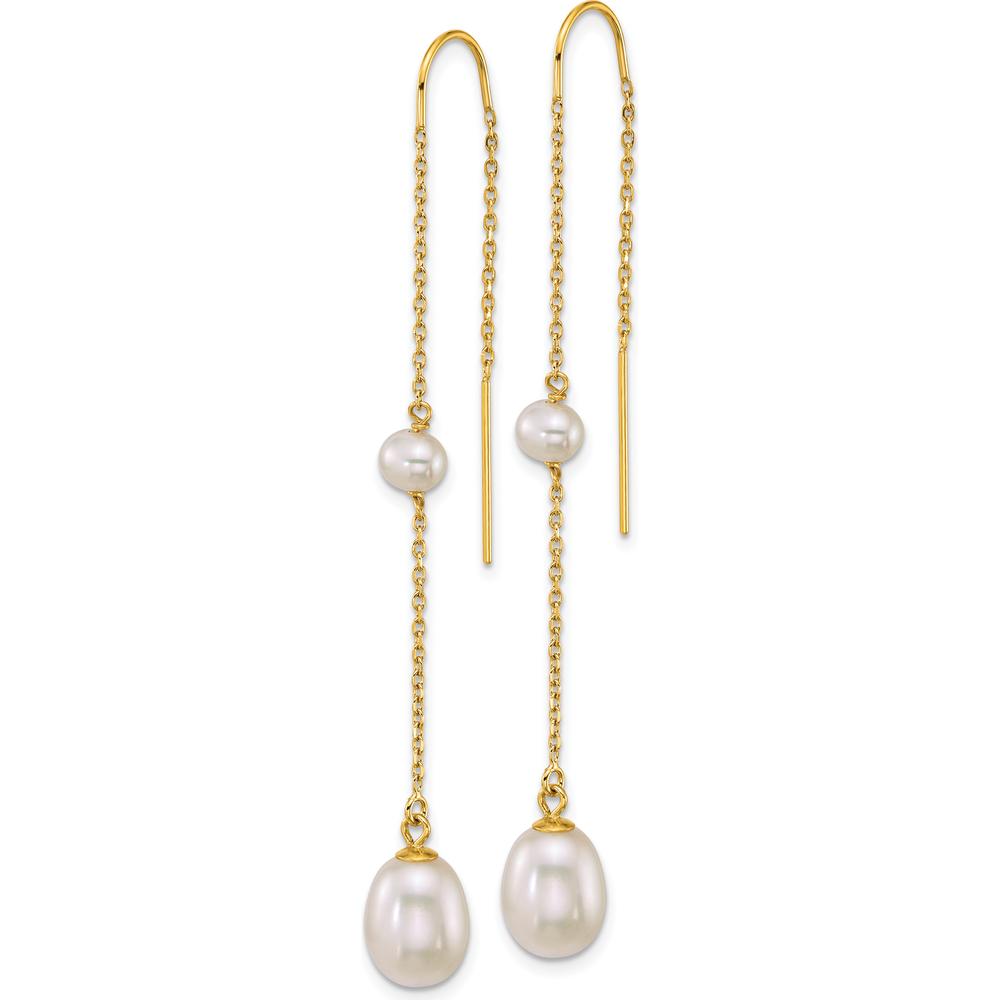 14K Yellow Gold Freshwater Cultured Pearl Threader Earrings with Teardrop and Near-Round Pearls - 1.5 Carat Total Gem Weight by Monteluci Fine Jewelry