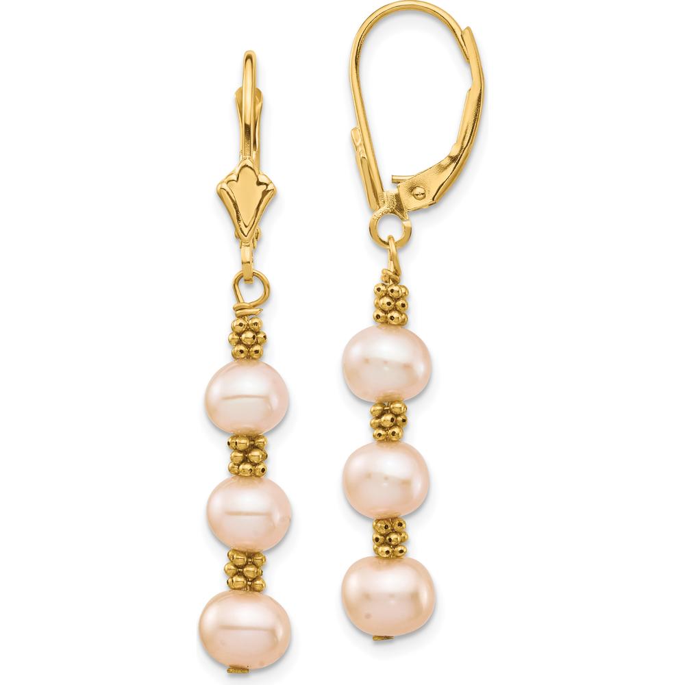 14K Yellow Gold Freshwater Cultured Pink Pearl Dangle Earrings with Gold Beads - 5-6mm Pearls by Monteluci Fine Jewelry