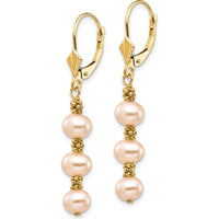 14K Yellow Gold Freshwater Cultured Pink Pearl Dangle Earrings with Gold Beads - 5-6mm Pearls by Monteluci Fine Jewelry
