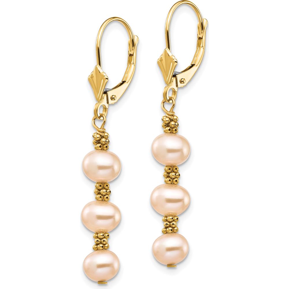 14K Yellow Gold Freshwater Cultured Pink Pearl Dangle Earrings with Gold Beads - 5-6mm Pearls by Monteluci Fine Jewelry