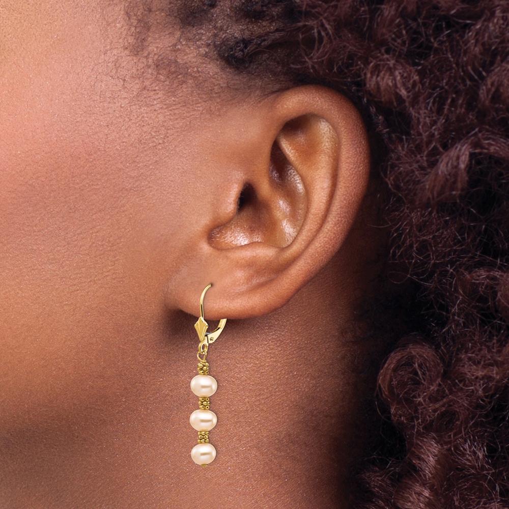 14K Yellow Gold Freshwater Cultured Pink Pearl Dangle Earrings with Gold Beads - 5-6mm Pearls by Monteluci Fine Jewelry