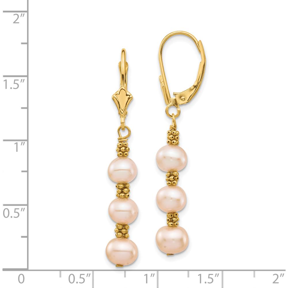 14K Yellow Gold Freshwater Cultured Pink Pearl Dangle Earrings with Gold Beads - 5-6mm Pearls by Monteluci Fine Jewelry