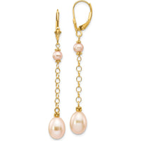 14K Yellow Gold Freshwater Cultured Pink Rice and Semi-Round Pearl Dangle Leverback Earrings - 5-8mm Pearl Size by Monteluci Fine Jewelry