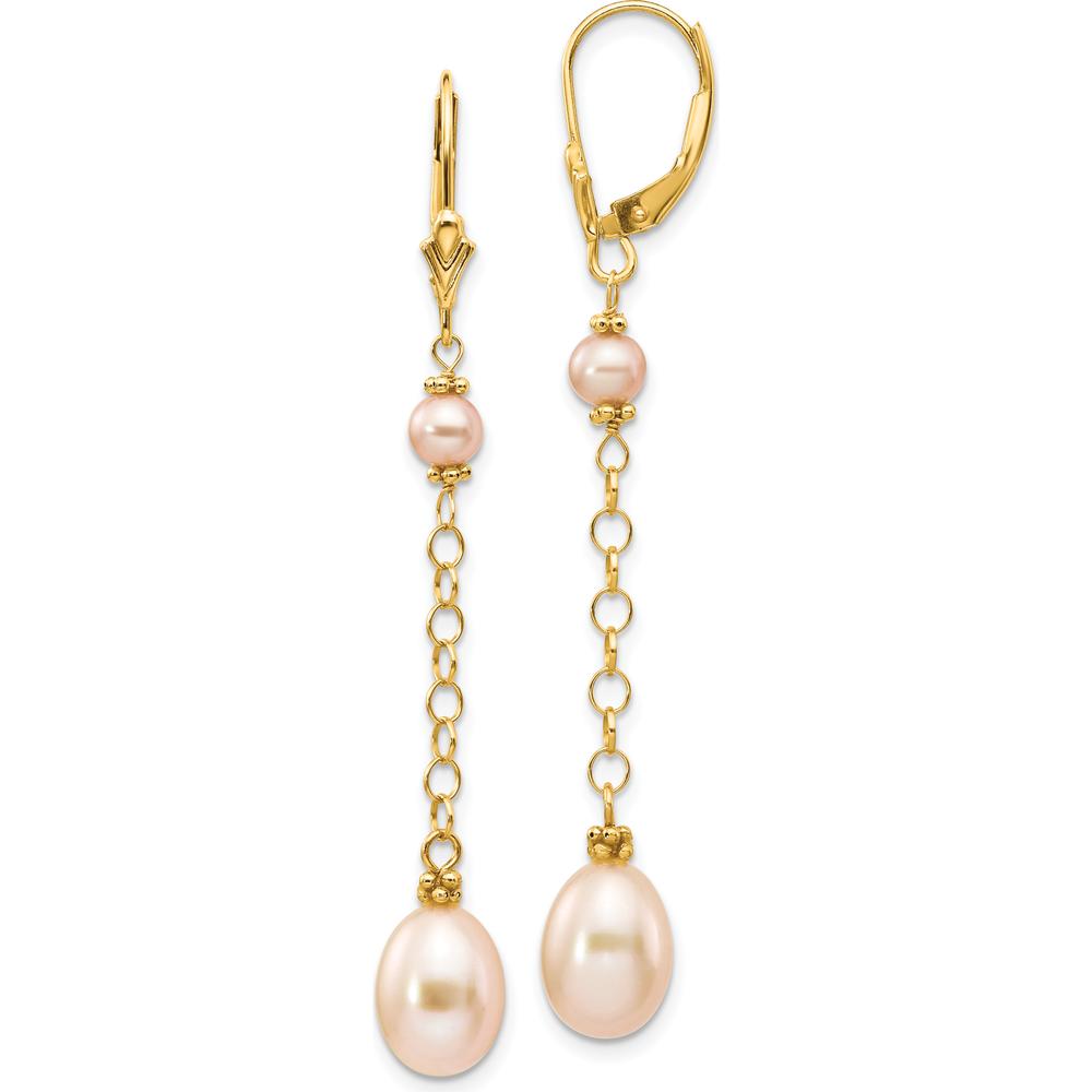 14K Yellow Gold Freshwater Cultured Pink Rice and Semi-Round Pearl Dangle Leverback Earrings - 5-8mm Pearl Size by Monteluci Fine Jewelry