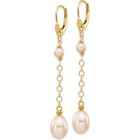 14K Yellow Gold Freshwater Cultured Pink Rice and Semi-Round Pearl Dangle Leverback Earrings - 5-8mm Pearl Size by Monteluci Fine Jewelry