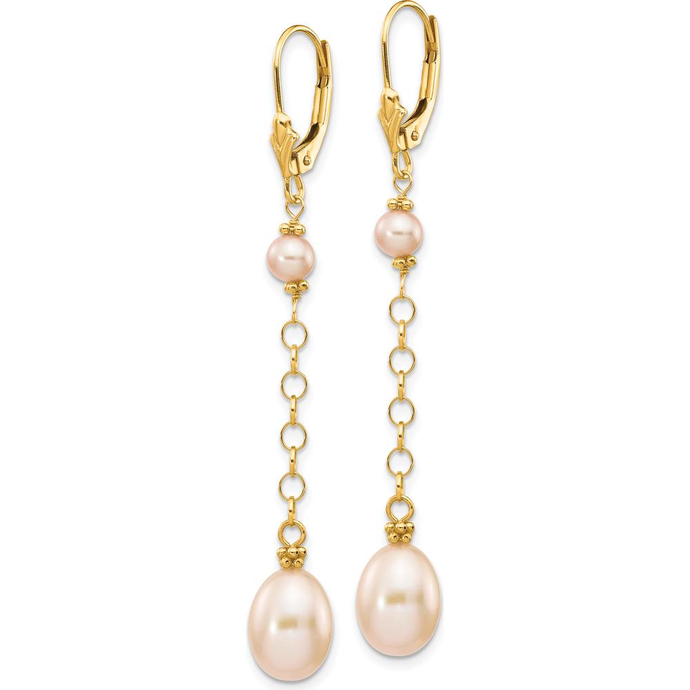14K Yellow Gold Freshwater Cultured Pink Rice and Semi-Round Pearl Dangle Leverback Earrings - 5-8mm Pearl Size by Monteluci Fine Jewelry