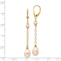 14K Yellow Gold Freshwater Cultured Pink Rice and Semi-Round Pearl Dangle Leverback Earrings - 5-8mm Pearl Size by Monteluci Fine Jewelry