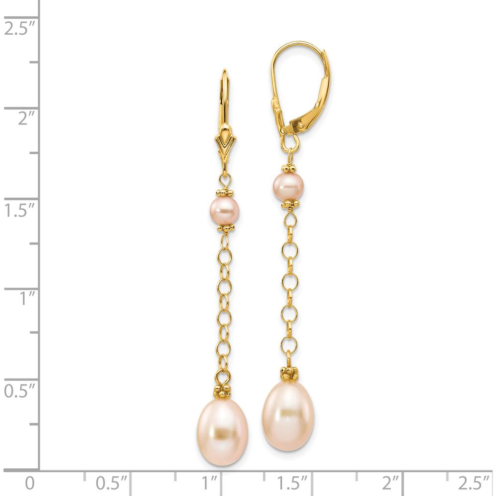 14K Yellow Gold Freshwater Cultured Pink Rice and Semi-Round Pearl Dangle Leverback Earrings - 5-8mm Pearl Size by Monteluci Fine Jewelry