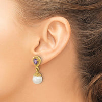 14K Yellow Gold Freshwater Pearl & Amethyst Drop Earrings - 3.08 Carat Total Amethyst Weight by Monteluci Fine Jewelry