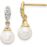 14K Yellow Gold Freshwater Pearl and Diamond Dangle Earrings - 0.08 Carat Total Diamond Weight by Monteluci Fine Jewelry