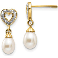14K Yellow Gold Freshwater Pearl and Diamond Heart Dangle Earrings - 0.013 Carat Total Diamond Weight by Monteluci Fine Jewelry