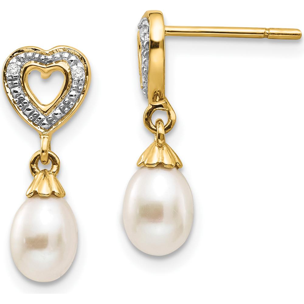 14K Yellow Gold Freshwater Pearl and Diamond Heart Dangle Earrings - 0.013 Carat Total Diamond Weight by Monteluci Fine Jewelry