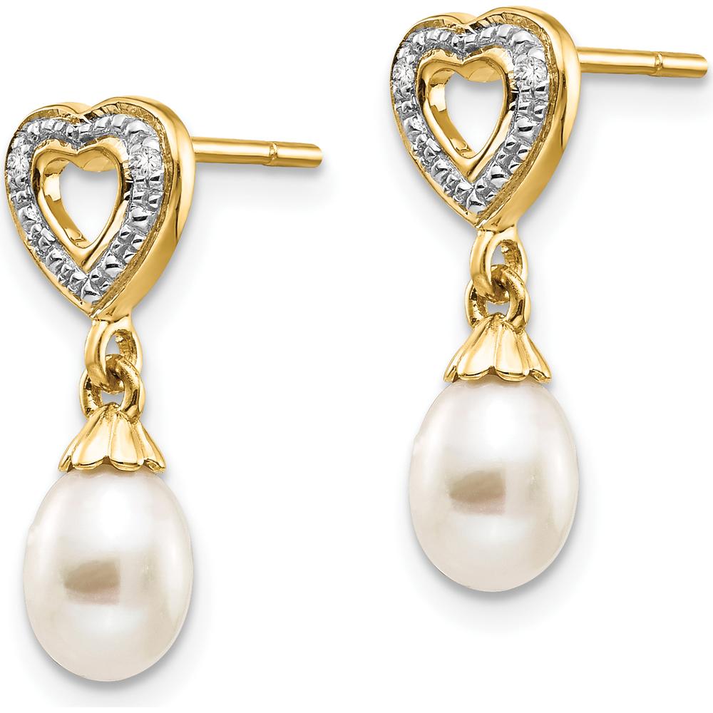 14K Yellow Gold Freshwater Pearl and Diamond Heart Dangle Earrings - 0.013 Carat Total Diamond Weight by Monteluci Fine Jewelry