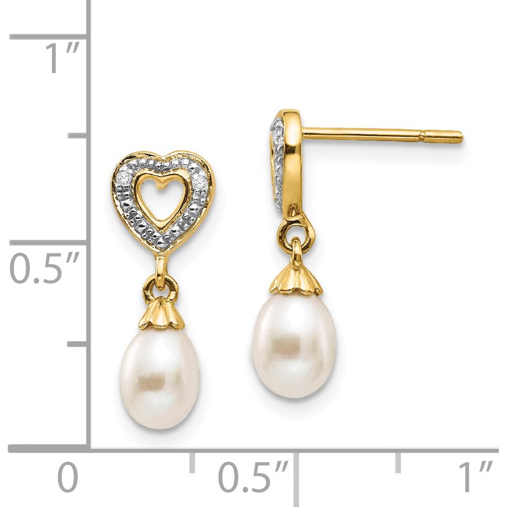 14K Yellow Gold Freshwater Pearl and Diamond Heart Dangle Earrings - 0.013 Carat Total Diamond Weight by Monteluci Fine Jewelry