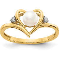 14K Yellow Gold Freshwater Pearl and Diamond Heart Ring - 0.01 Carat Total Diamond Weight by Oro Pregiato