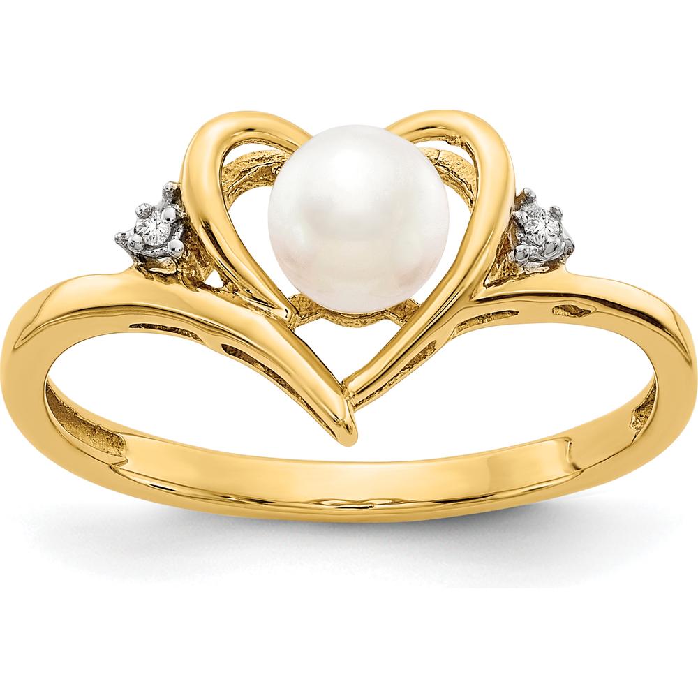 14K Yellow Gold Freshwater Pearl and Diamond Heart Ring - 0.01 Carat Total Diamond Weight by Oro Pregiato