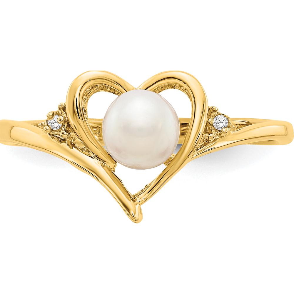 14K Yellow Gold Freshwater Pearl and Diamond Heart Ring - 0.01 Carat Total Diamond Weight by Oro Pregiato