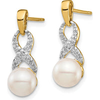14K Yellow Gold Freshwater Pearl and Diamond Infinity Dangle Earrings - 0.01 Carat Total Diamond Weight by Monteluci Fine Jewelry