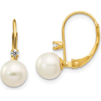 14K Yellow Gold Freshwater Pearl and Diamond Leverback Drop Earrings - 0.06 Carat Total Diamond Weight by Monteluci Fine Jewelry