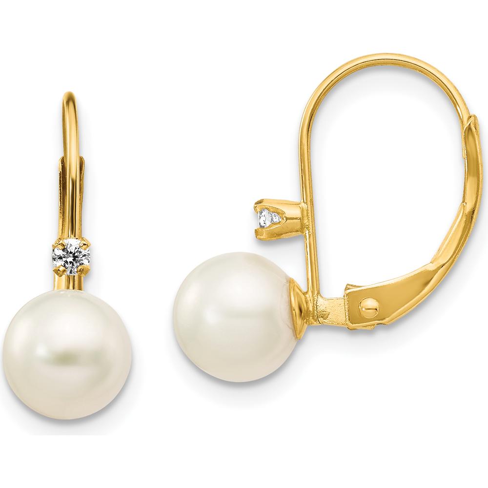 14K Yellow Gold Freshwater Pearl and Diamond Leverback Drop Earrings - 0.06 Carat Total Diamond Weight by Monteluci Fine Jewelry