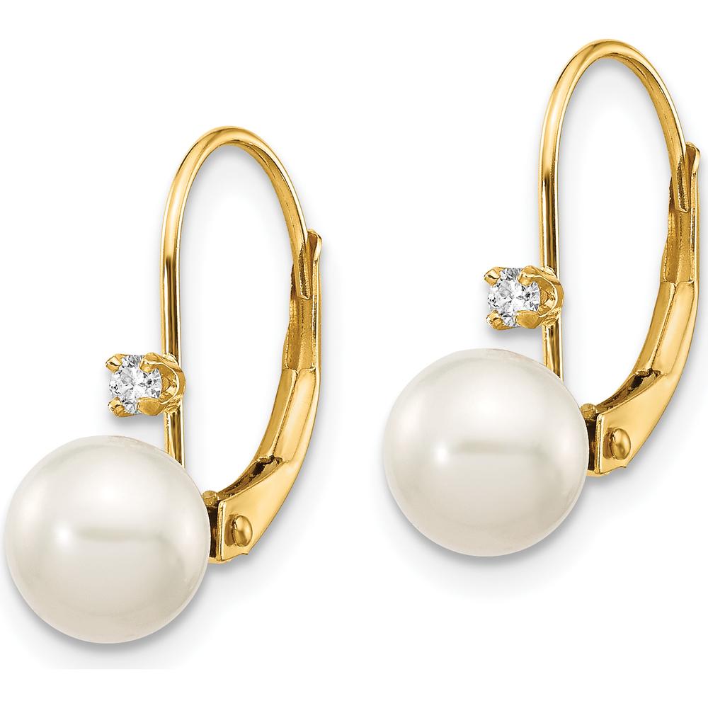 14K Yellow Gold Freshwater Pearl and Diamond Leverback Drop Earrings - 0.06 Carat Total Diamond Weight by Monteluci Fine Jewelry