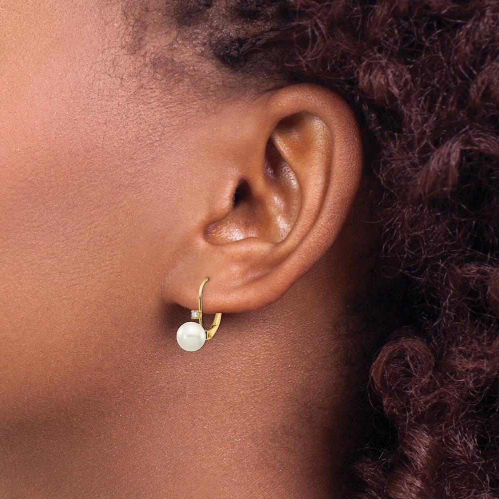14K Yellow Gold Freshwater Pearl and Diamond Leverback Drop Earrings - 0.06 Carat Total Diamond Weight by Monteluci Fine Jewelry