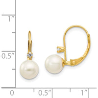 14K Yellow Gold Freshwater Pearl and Diamond Leverback Drop Earrings - 0.06 Carat Total Diamond Weight by Monteluci Fine Jewelry