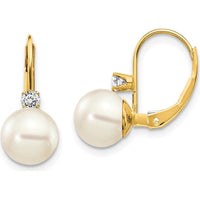 14K Yellow Gold Freshwater Pearl and Diamond Leverback Earrings - 0.085 Carat Total Diamond Weight by Monteluci Fine Jewelry