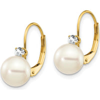 14K Yellow Gold Freshwater Pearl and Diamond Leverback Earrings - 0.085 Carat Total Diamond Weight by Monteluci Fine Jewelry