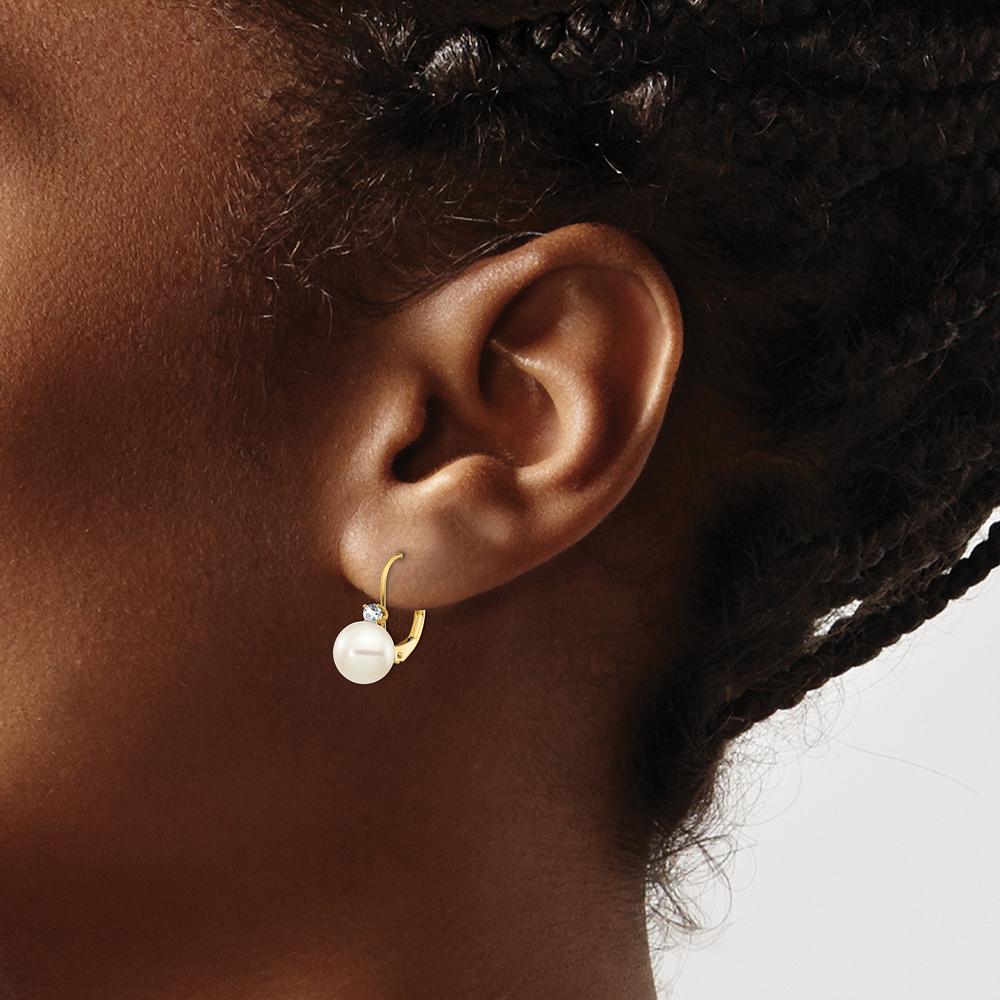 14K Yellow Gold Freshwater Pearl and Diamond Leverback Earrings - 0.085 Carat Total Diamond Weight by Monteluci Fine Jewelry