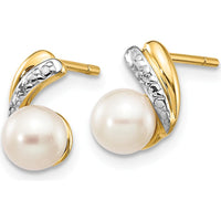 14K Yellow Gold Freshwater Pearl and Diamond Stud Earrings - 0.01 Carat Total Diamond Weight by Monteluci Fine Jewelry
