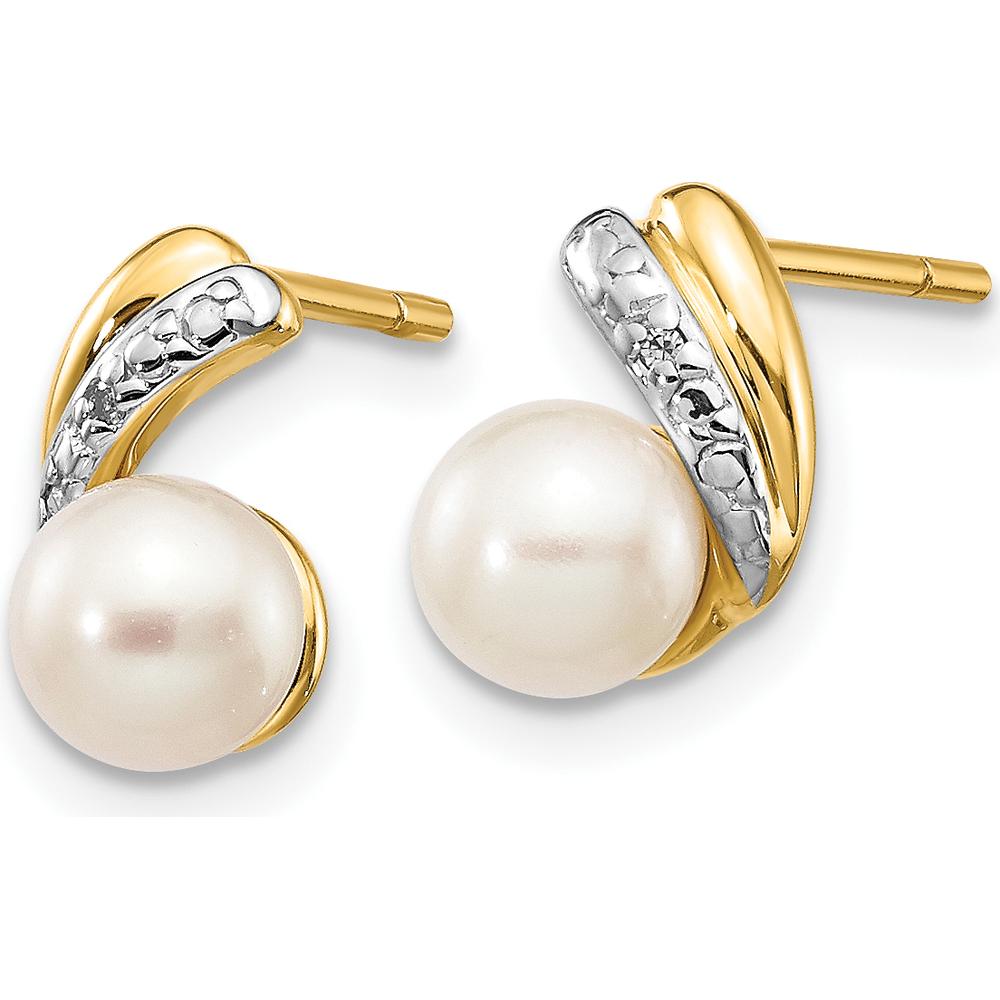 14K Yellow Gold Freshwater Pearl and Diamond Stud Earrings - 0.01 Carat Total Diamond Weight by Monteluci Fine Jewelry