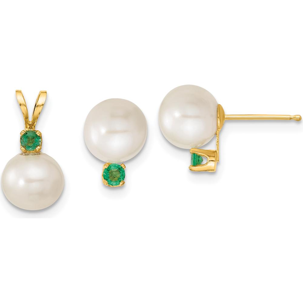 14K Yellow Gold Freshwater Pearl and Emerald Pendant & Earrings Set with 7-8mm Pearls and 0.21 Carat Total Emerald Weight by Monteluci Fine Jewelry
