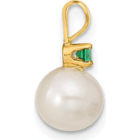 14K Yellow Gold Freshwater Pearl and Emerald Pendant & Earrings Set with 7-8mm Pearls and 0.21 Carat Total Emerald Weight by Monteluci Fine Jewelry